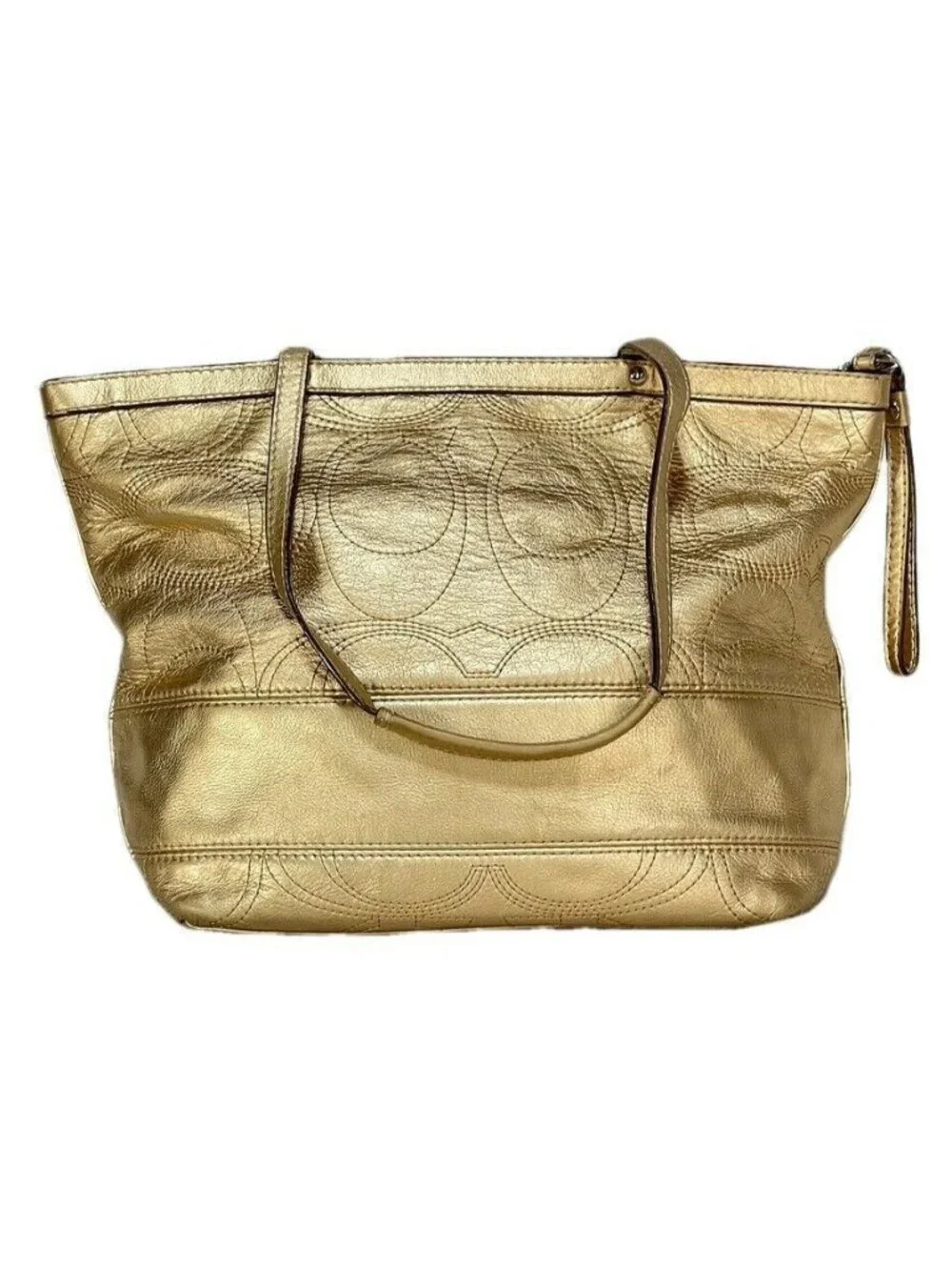 Gold COACH Signature Metallic Tote Bag With Logo & Zip Closure
